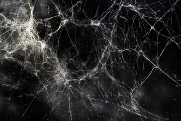 Real creepy spider webs on black banner