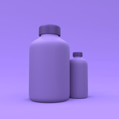 Medicine plastic bottles on the purple background. Medicine package design. 3d illustration.