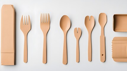 disposable eco tableware made of cardboard spoon fork knife Sustainable planet, on a white background to insert the layout. 