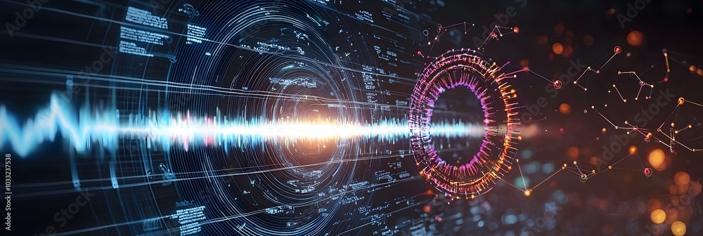Poster Mesmerizing Quantum Waveforms Visualized as Vibrant Sound Waves  Abstract digital art background showcasing the dynamic and colorful patterns of quantum energy and particle interference