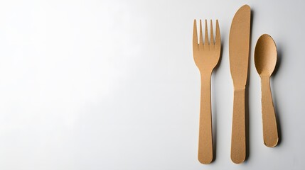 disposable eco tableware made of cardboard spoon fork knife Sustainable planet, on a white background to insert the layout. 