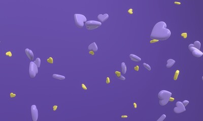 Glossy hearts flying in the air on the purple background. Modern cover design. 3d illustration.