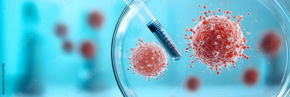 Poster microscopic view of cells dividing and multiplying in a petri dish style laboratory setting showcasi