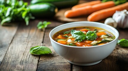 Serene White Porcelain Bowl with Fresh Vegetable Soup