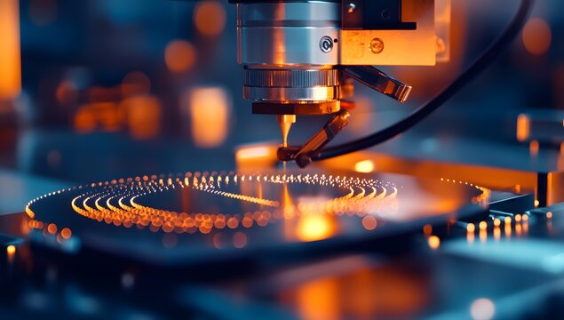 Close-up of an advanced rendering machine casting and laser etching on the wafer for integrated circuit chips