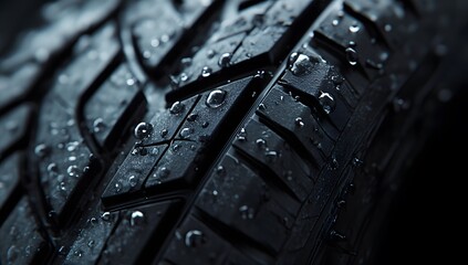 Close-up of the tire's tread pattern, highlighting its texture and depth, symbolizing performance in wet conditions.