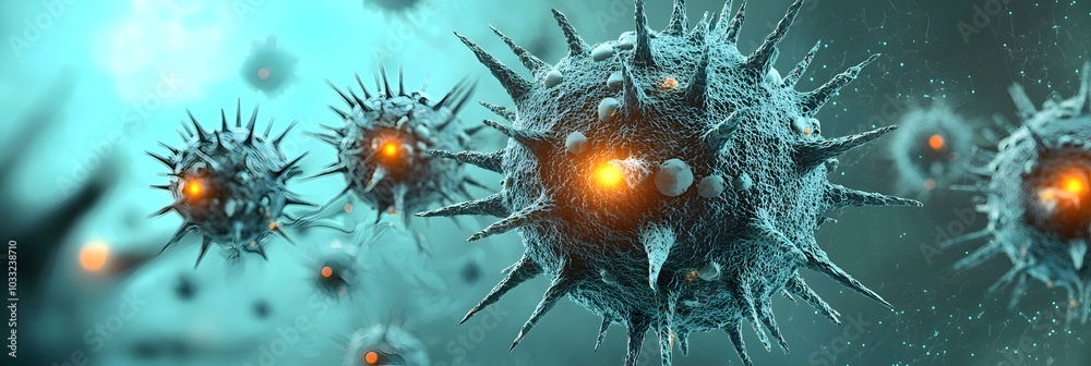 Poster Ominous Glowing Spikes of Abstract Virus Model in Digital Futuristic 3D render of a mysterious threatening virus structure with a glowing geometric surface pattern