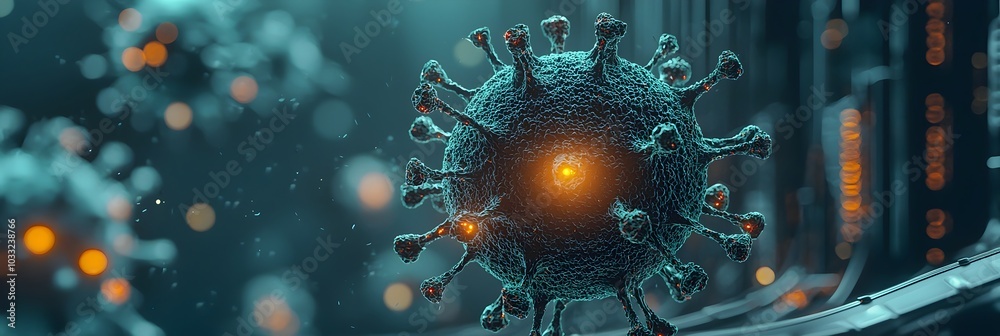Fototapete Ominous Viral Model with Glowing Spiky Surfaces   Abstract Science of a Threatening Microscopic Pathogen Structure