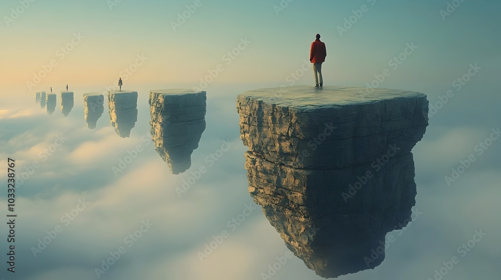 Poster Mystical floating rocks creating a serene and ethereal path through a tranquil cloud filled skyscape inviting the viewer on a dreamlike journey of wonder and imagination