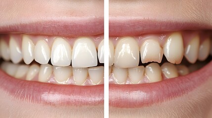 Before-and-after photography of teeth, highlighting the repair of chipped enamel with cosmetic bonding, achieving a natural, smooth finish