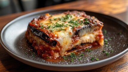 Delicious Slice of Melanzane alla Parmigiana on Plate