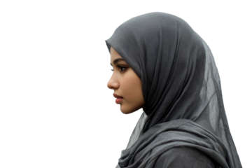 A profile portrait of a woman wearing a grey hijab against a white background.