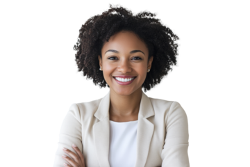 A smiling businesswoman with curly hair, wearing a light blazer, exuding confidence and professionalism.