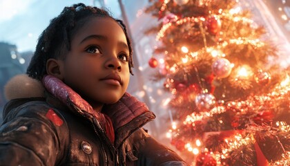 A Young Girl Gazes at a Brightly Lit Christmas Tree, Filled with Festive Tinsel and Twinkling...