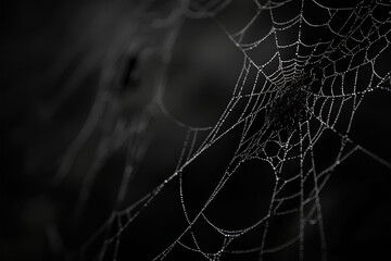 Real creepy spider webs on black banner