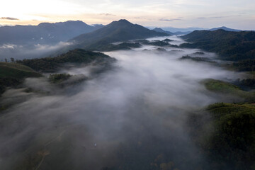 Landscape of Morning Mist with Mountain Layer at north of Thailand. mountain ridge and clouds in rural jungle bush forest