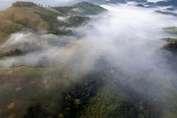 Landscape of Morning Mist with Mountain Layer at north of Thailand. mountain ridge and clouds in rural jungle bush forest