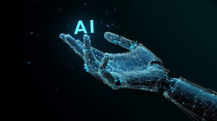 A robot hand with the letters "AI" represents the idea of artificial intelligence or machine learning, which is a technology that lets computers learn and think like humans.low poly digital wireframe.