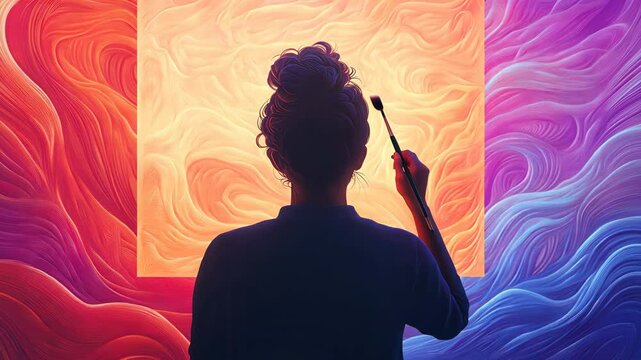 A creative artist paints a colorful abstract masterpiece, surrounded by vibrant hues and swirling patterns