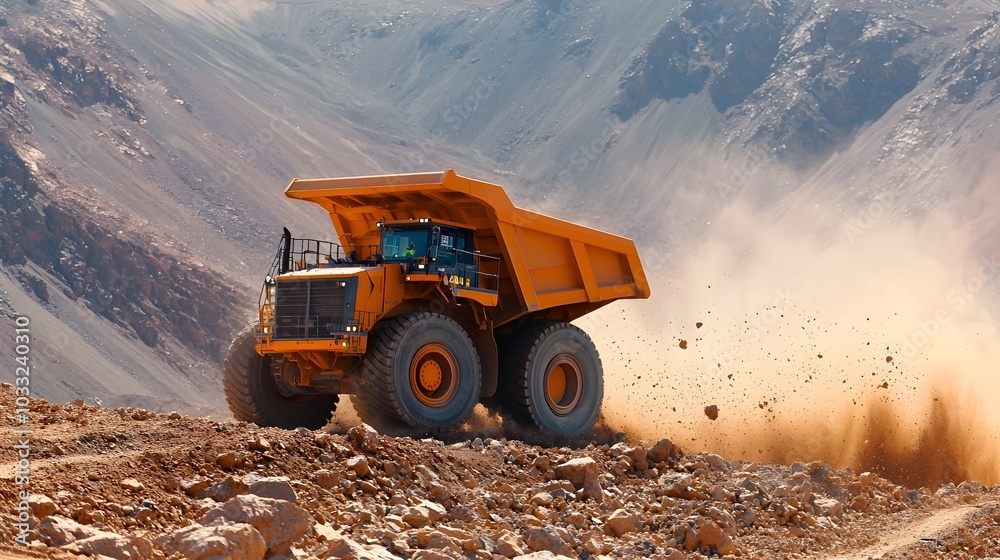 Poster powerful articulated hauler climbing a steep slope leaving a visible trail of dirt and debris as it 