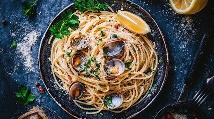 Spaghetti alle Vongole on Dark Background