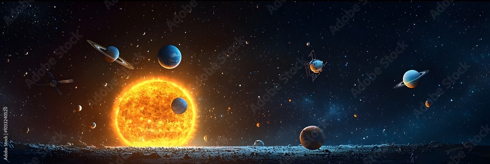 Poster Planets Orbiting a Digital Sun Symbolizing the Concept of Space and Advancements in Astronomy and Cosmic Visualization