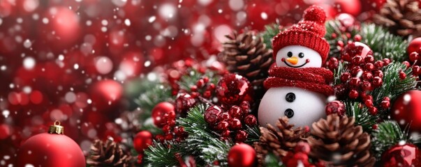 Obraz premium Festive Winter Wreath with Miniature Snowman, Pine Cones, and Creative Accents, DIY Christmas Decor Ideas