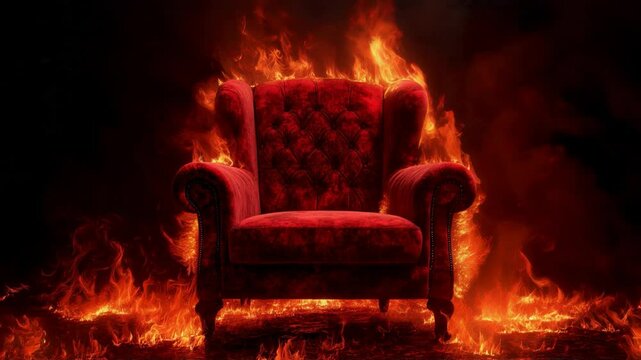 The red velvet chair is on fire, and flames surround the armchair. Burning flames on the black background, hot seat concept