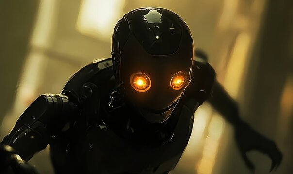 A robot with glowing eyes in a dark room.