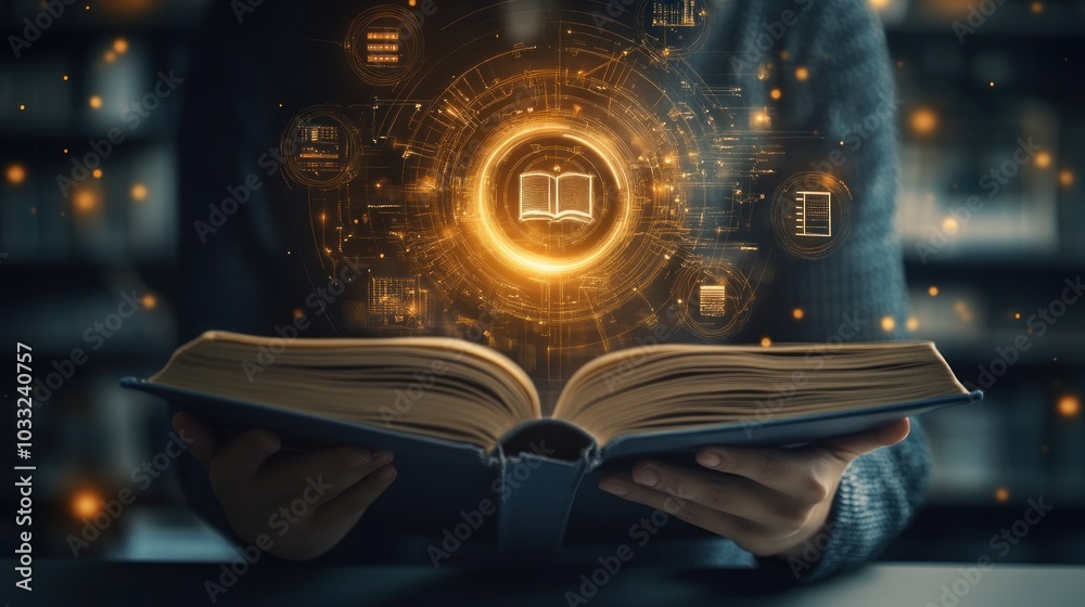 Poster Person Holding Open Book with Digital Data Visualization Above