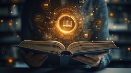 Person Holding Open Book with Digital Data Visualization Above