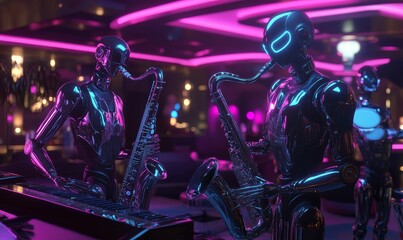 Robots playing saxophones and piano in neon light.