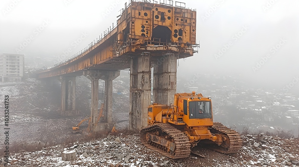 Poster Powerful tracked bulldozer machine parked near an unfinished bridge structure on an active construction site with signs of ongoing civil engineering and infrastructure development work