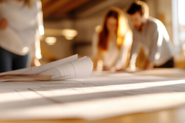 Diverse team collaborating on architectural plans in a contemporary office space, showcasing teamwork and innovative design concepts.
