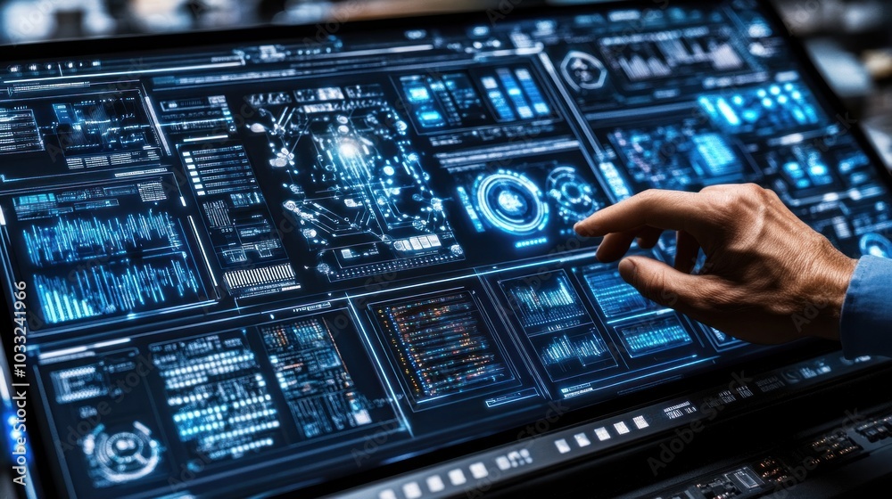 Poster Hand Interacting with Futuristic User Interface on a Large Screen