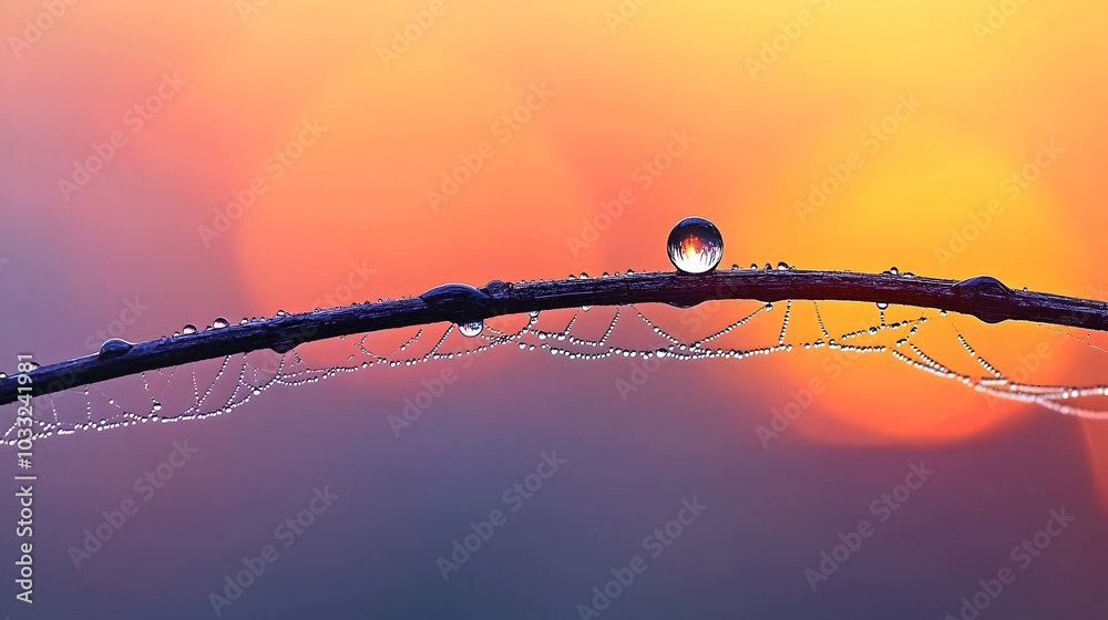 Aufkleber Raindrops gently clinging to the intricate gossamer threads of a spider web with a blurred fiery sunset backdrop creating a moody atmospheric scene of natural beauty and tranquility