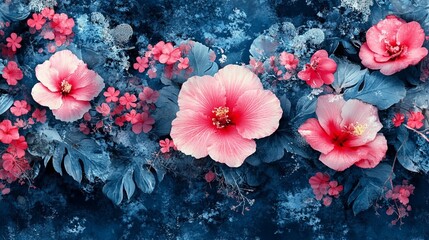 Pink Blooms on Cool Blue Tropical Background