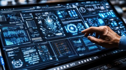 Obraz premium Hand Interacting with Futuristic User Interface on a Large Screen