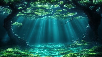 Underwater Forest with Sunbeams and Fish