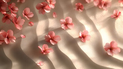 Digital cherry blossoms, petal physics simulation, raked sand, soft breeze