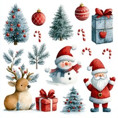 Watercolor style illustration of Santa Claus, Christmas tree, reindeer, bright colors, cute style on a white background. It is a clip art that helps in various graphic design works.