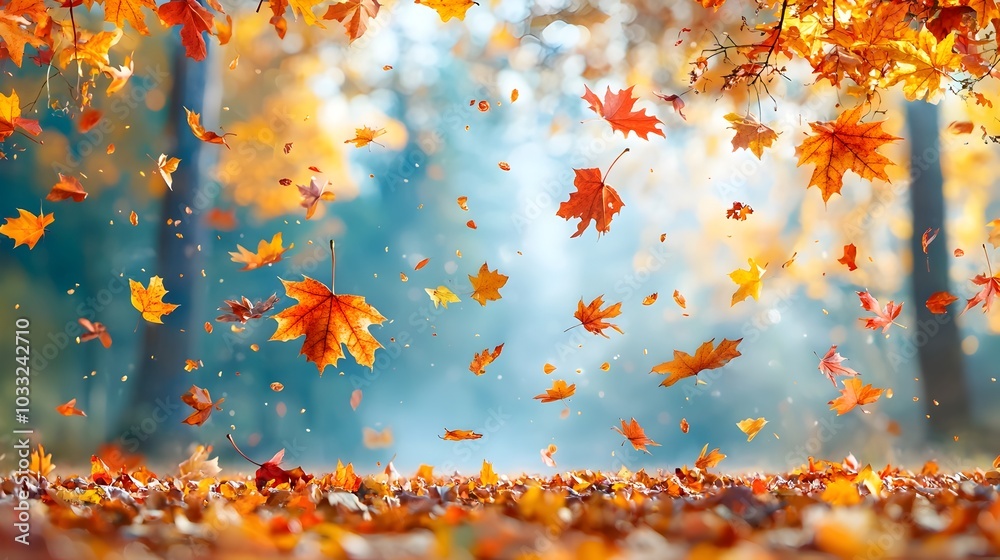 Poster Serene and atmospheric image of a misty autumn forest with a carpet of fallen leaves covering the ground in the foreground  The trees in the background are partially obscured by the hazy