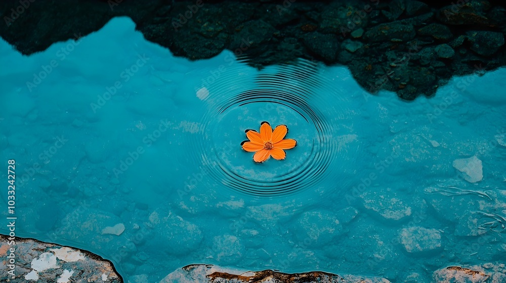 Poster Captivating water surface with ripples and reflections creating a dreamy layered effect in front of a serene atmospheric landscape scene