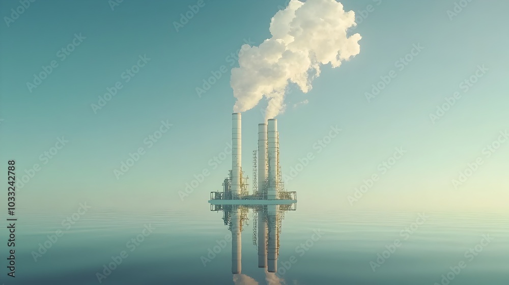 Poster Serene reflection of towering industrial refinery towers creating a mirror effect on the calm still surface of the water capturing the essence of the energy and infrastructure landscape