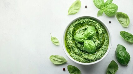 Luscious Green Pesto in White Bowl from Above