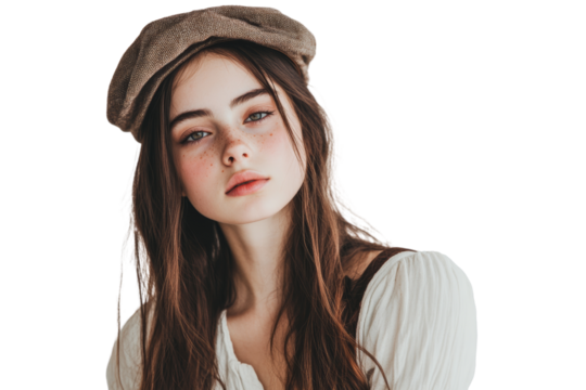 Portrait of a young woman in a vintage hat, exuding a serene and thoughtful expression, isolated on a white background.