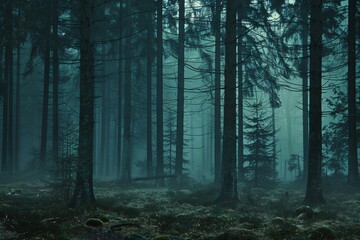 Naklejka premium Misty Enchanted Forest: A Journey Through Fog and Trees
