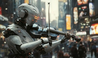 Fototapeta premium Robot plays violin in crowded city.