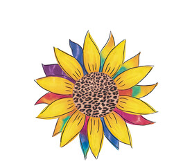 Leopard tie-dye sunflower with colorful petals, Vibrant sunflower design featuring a leopard print center and tie-dye rainbow petals, creating a bold, eclectic look.

