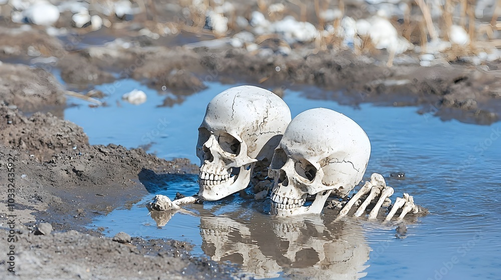 Aufkleber Skeletal remains of unknown origin lying peacefully in the gentle flow of a serene riverbed creating a haunting yet serene natural scene of the passage of time and the cycle of life and death